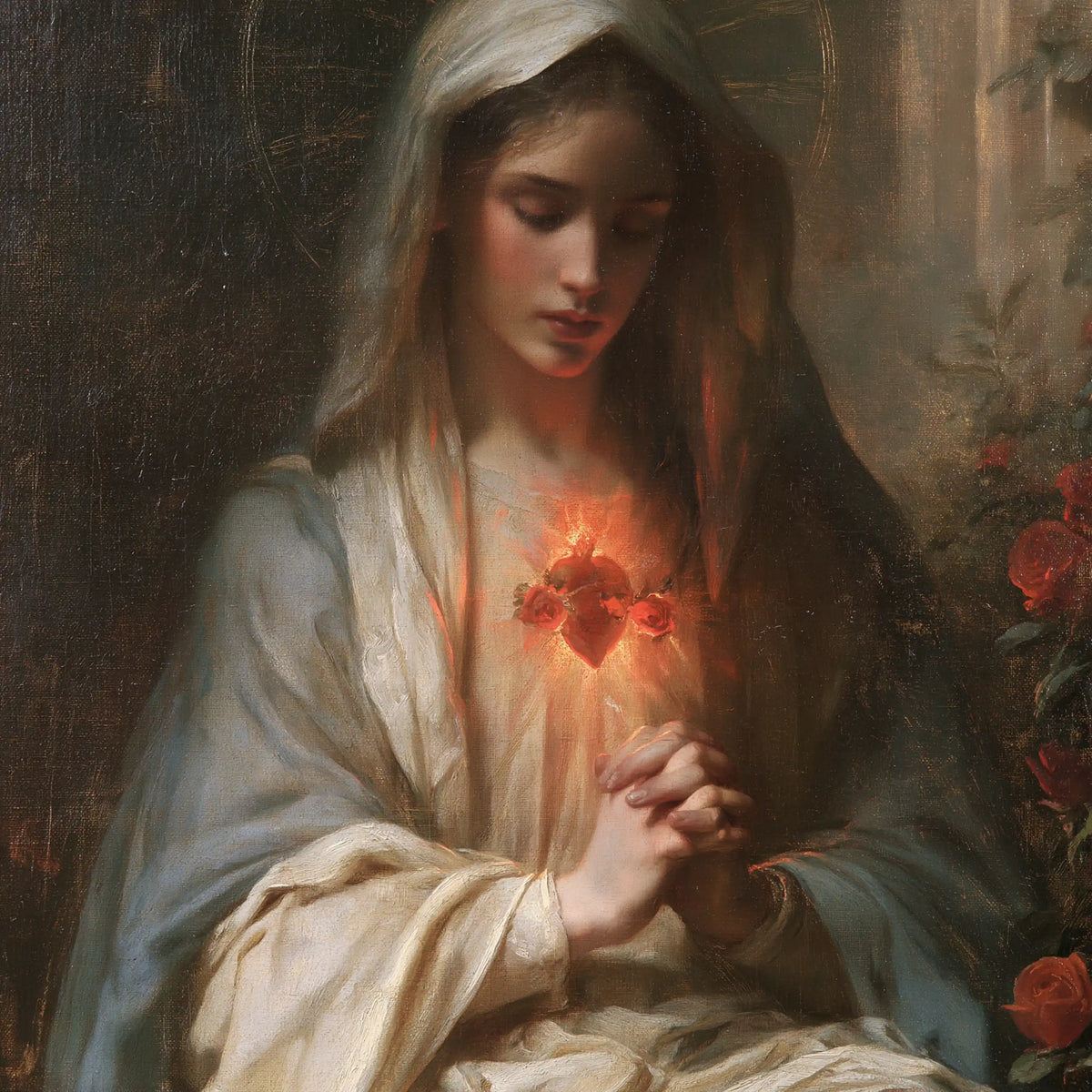 Mary praying with her Immaculate Heart in Mary in Prayer with the Immaculate Heart style, square Christian artwork no. 3