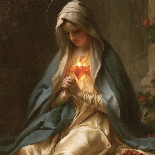 Mary praying with her Immaculate Heart in Mary in Prayer with the Immaculate Heart style, square Christian artwork no. 5