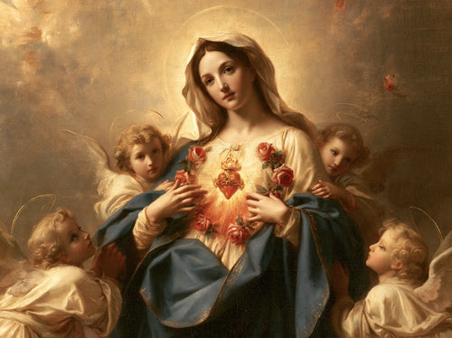 the Immaculate Heart of Mary surrounded by angels in Mary Surrounded by Angels style, landscape Christian artwork no. 4