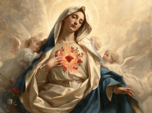 the Immaculate Heart of Mary surrounded by angels in Mary Surrounded by Angels style, landscape Christian artwork no. 7