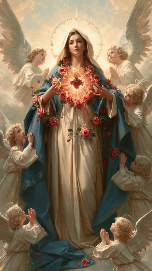 the Immaculate Heart of Mary surrounded by angels in Mary Surrounded by Angels style, portrait Christian artwork no. 6