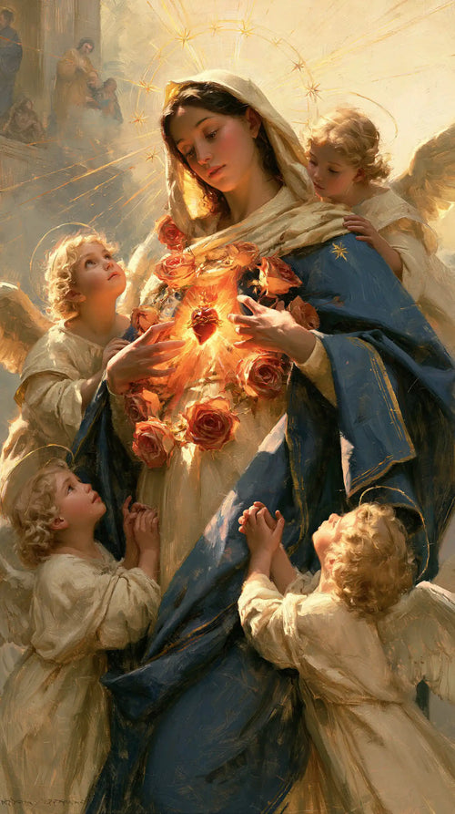 the Immaculate Heart of Mary surrounded by angels in Mary Surrounded by Angels style, portrait Christian artwork no. 8