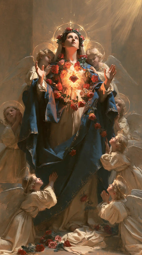 the Immaculate Heart of Mary surrounded by angels in Mary Surrounded by Angels style, portrait Christian artwork no. 10