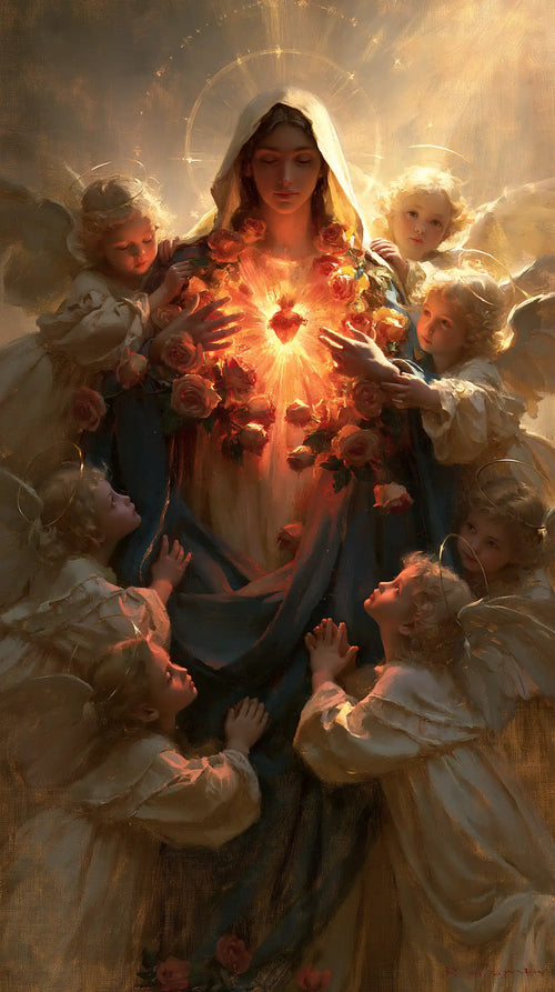 the Immaculate Heart of Mary surrounded by angels in Mary Surrounded by Angels style, portrait Christian artwork no. 11