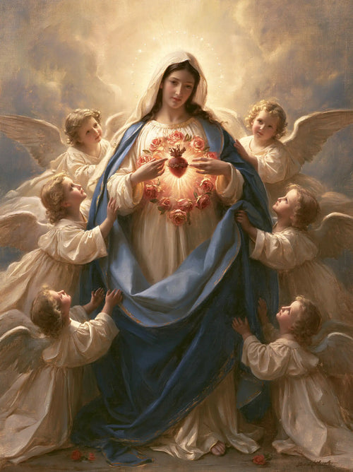 the Immaculate Heart of Mary surrounded by angels in Mary Surrounded by Angels style, portrait Christian artwork no. 13