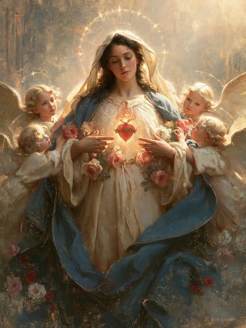 the Immaculate Heart of Mary surrounded by angels in Mary Surrounded by Angels style, portrait Christian artwork no. 14
