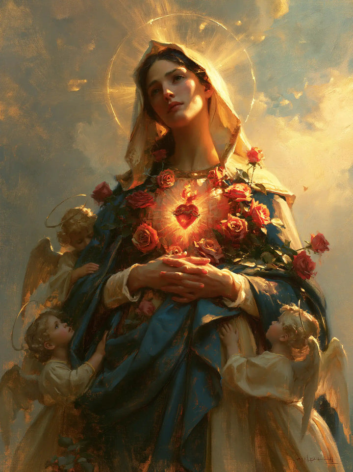 The Immaculate Heart of Mary — Red Roses Beneath the Heavenly Gaze