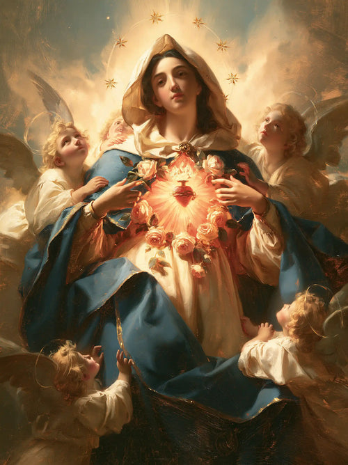 the Immaculate Heart of Mary surrounded by angels in Mary Surrounded by Angels style, portrait Christian artwork no. 18