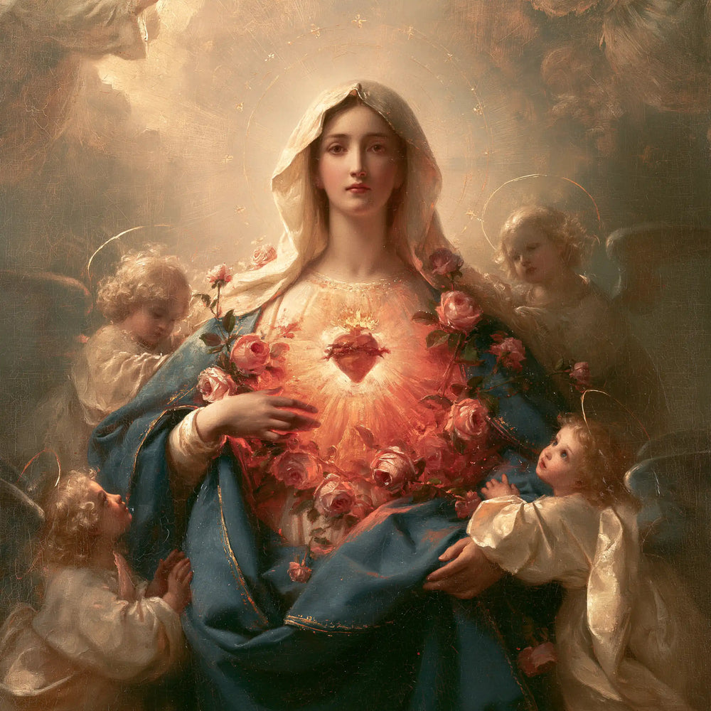 the Immaculate Heart of Mary surrounded by angels in Mary Surrounded by Angels style, square Christian artwork no. 5