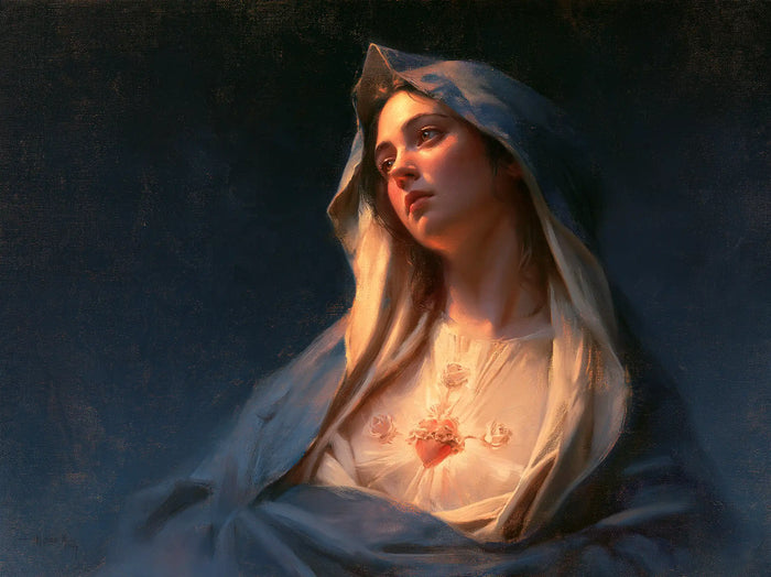 The Immaculate Heart of Mary — The Distant Gaze in Silent Blue