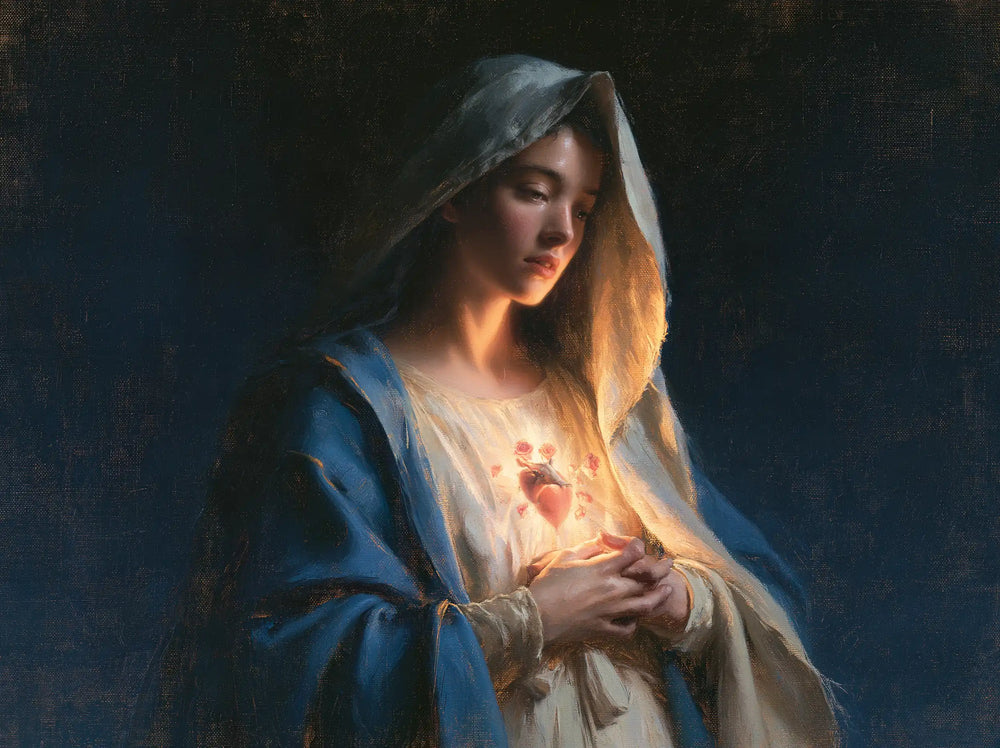 the Immaculate Heart of Mary in midnight-blue chiaroscuro in Midnight Blue Chiaroscuro style, landscape Christian artwork no. 5