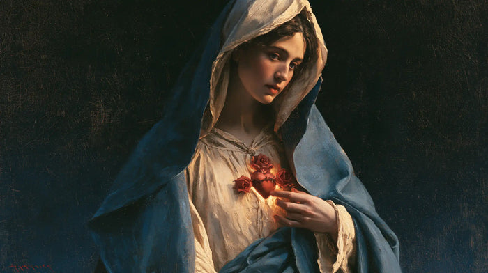 The Immaculate Heart of Mary — The Slanting Gaze Beneath the Blue Shelter