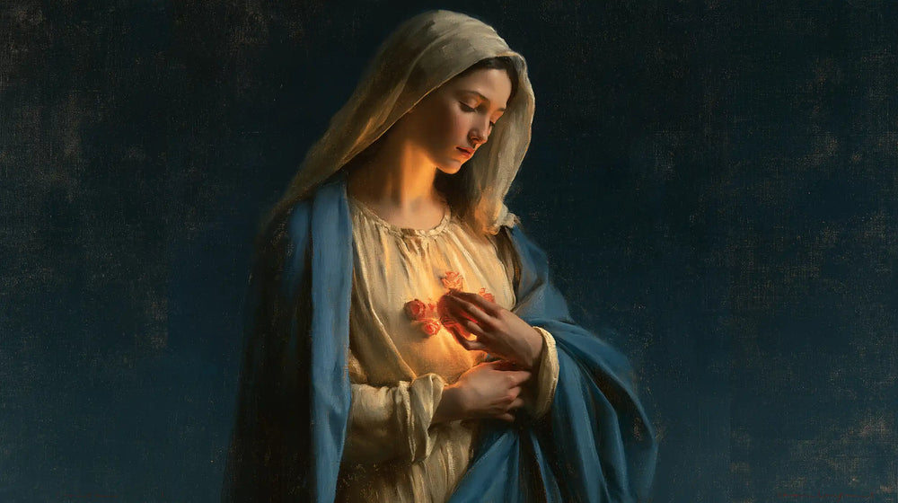 the Immaculate Heart of Mary in midnight-blue chiaroscuro in Midnight Blue Chiaroscuro style, landscape Christian artwork no. 12