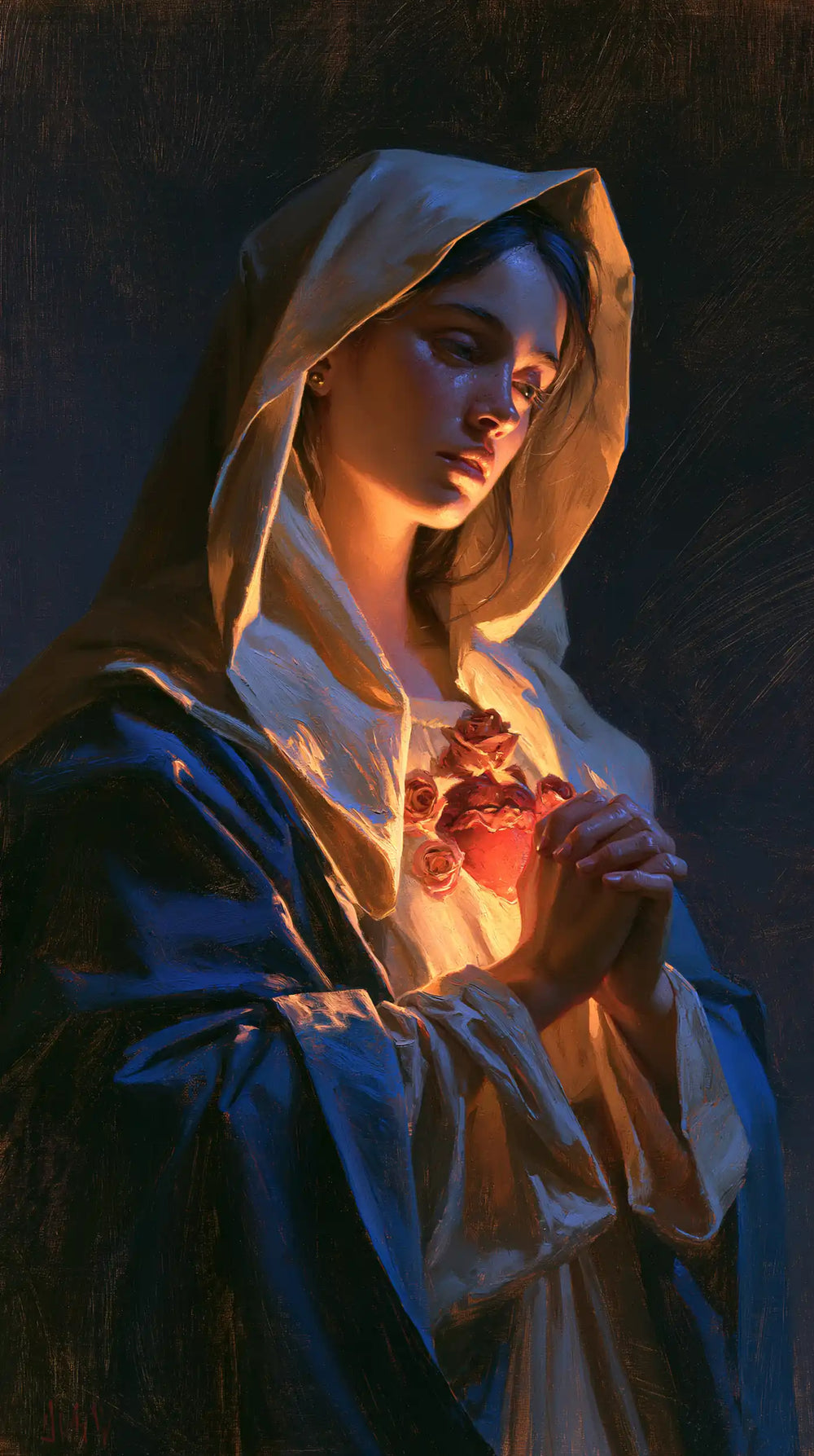the Immaculate Heart of Mary in midnight-blue chiaroscuro in Midnight Blue Chiaroscuro style, portrait Christian artwork no. 5