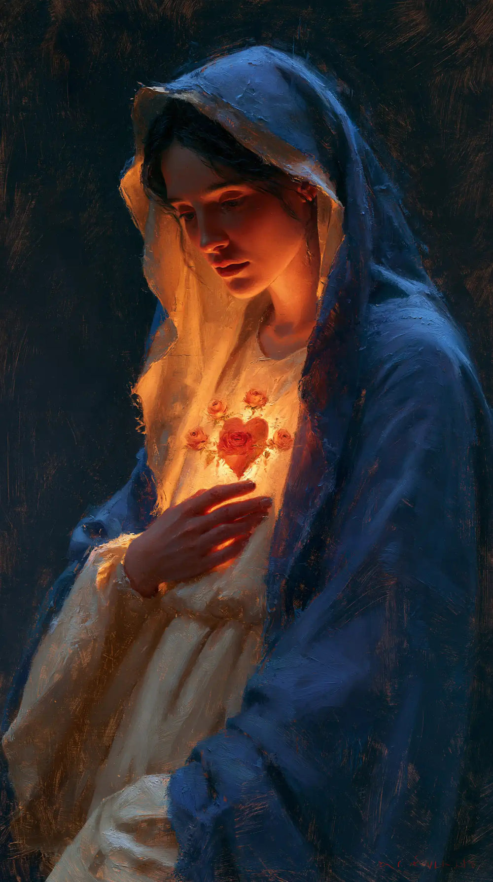 the Immaculate Heart of Mary in midnight-blue chiaroscuro in Midnight Blue Chiaroscuro style, portrait Christian artwork no. 8