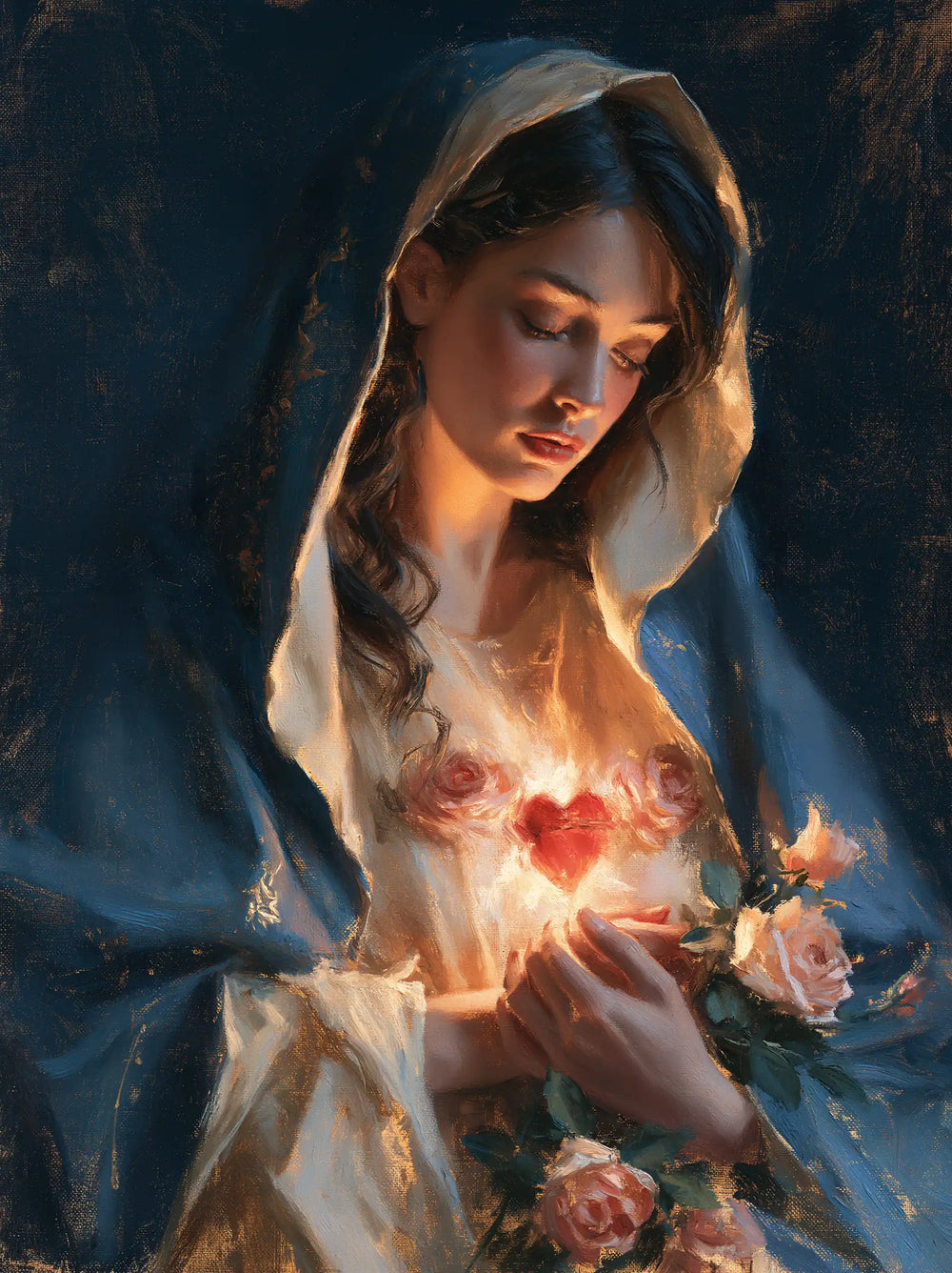 the Immaculate Heart of Mary in midnight-blue chiaroscuro in Midnight Blue Chiaroscuro style, portrait Christian artwork no. 18