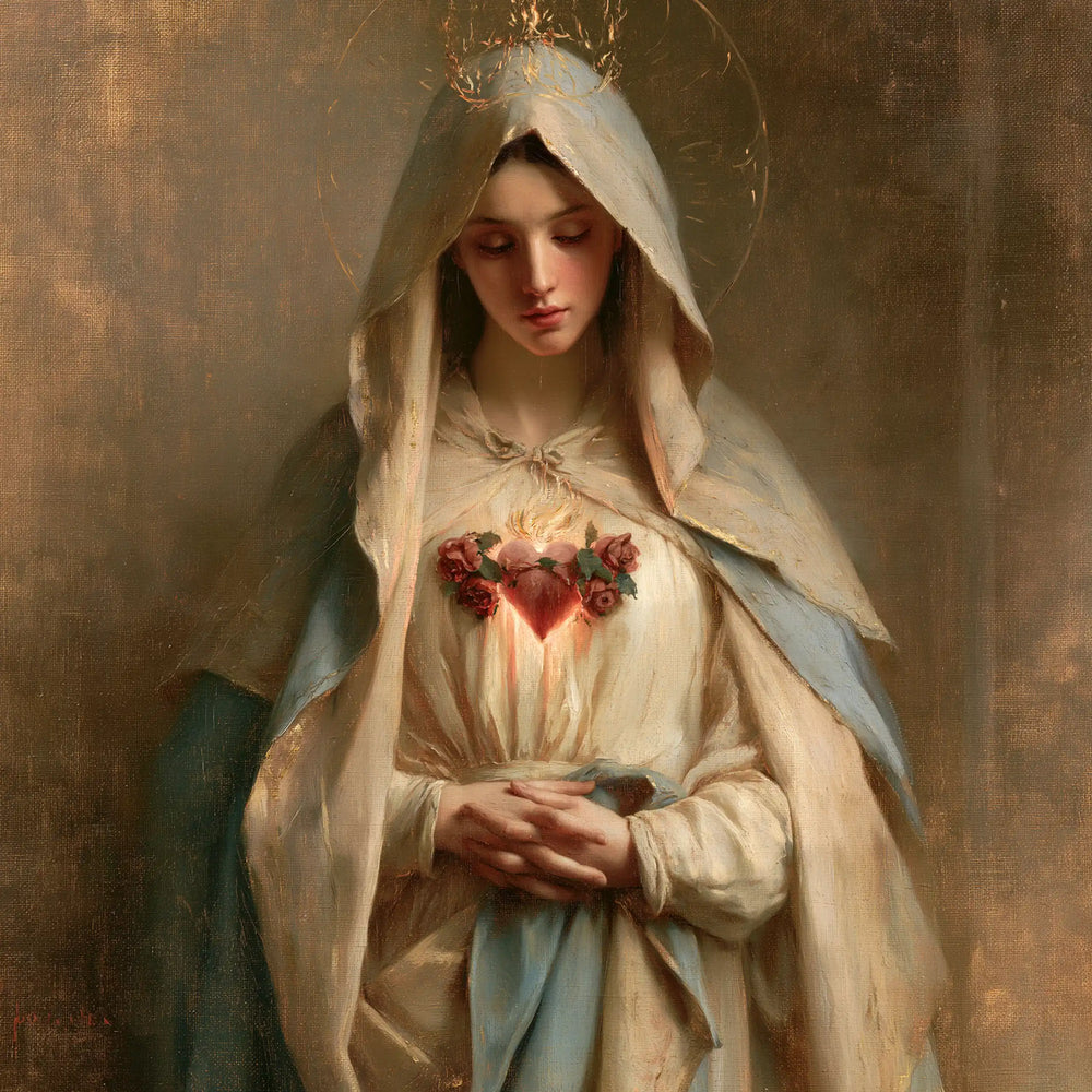 the peace and purity of the Immaculate Heart of Mary in Peace and Purity of Mary's Heart style, square Christian artwork no. 4