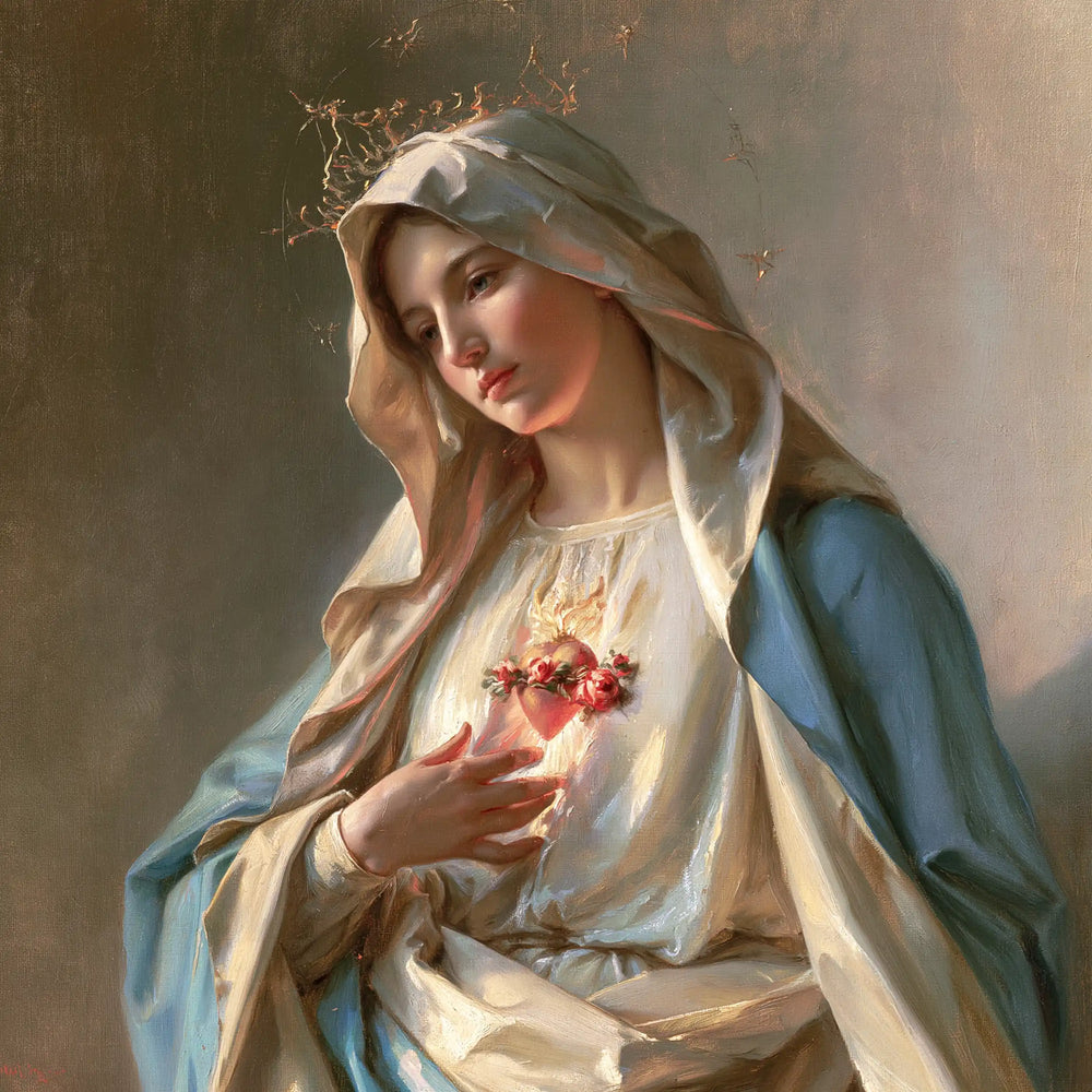 the peace and purity of the Immaculate Heart of Mary in Peace and Purity of Mary's Heart style, square Christian artwork no. 7