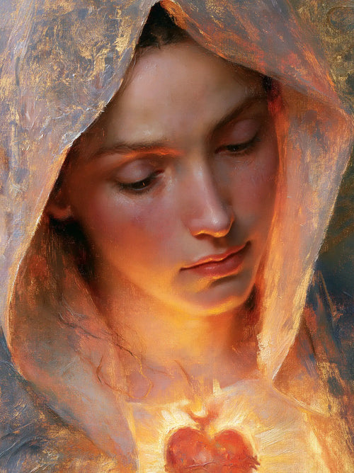 a close portrait of Mary with her Immaculate Heart in Psychological Close-Up style, portrait Christian artwork no. 6