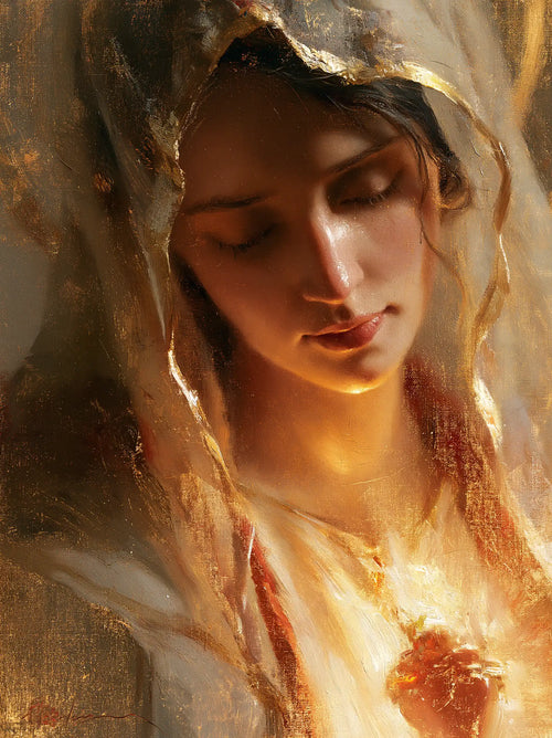 a close portrait of Mary with her Immaculate Heart in Psychological Close-Up style, portrait Christian artwork no. 15