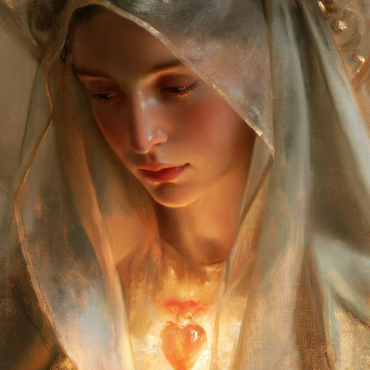 a close portrait of Mary with her Immaculate Heart in Psychological Close-Up style, square Christian artwork no. 7