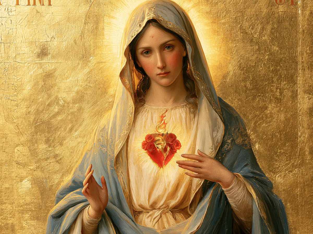 Mary revealing her Immaculate Heart in Sacred Gold style, landscape Christian artwork no. 3