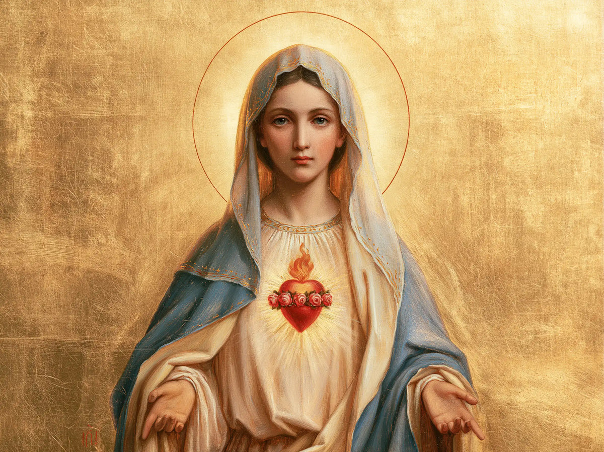 Mary revealing her Immaculate Heart in Sacred Gold style, landscape Christian artwork no. 11