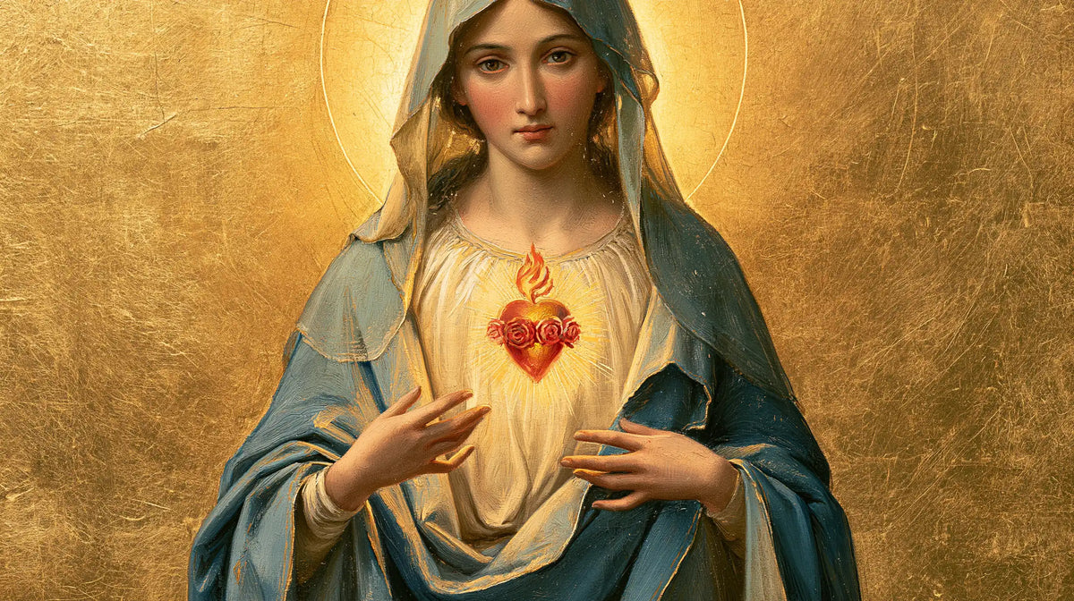 Mary revealing her Immaculate Heart in Sacred Gold style, landscape Christian artwork no. 12