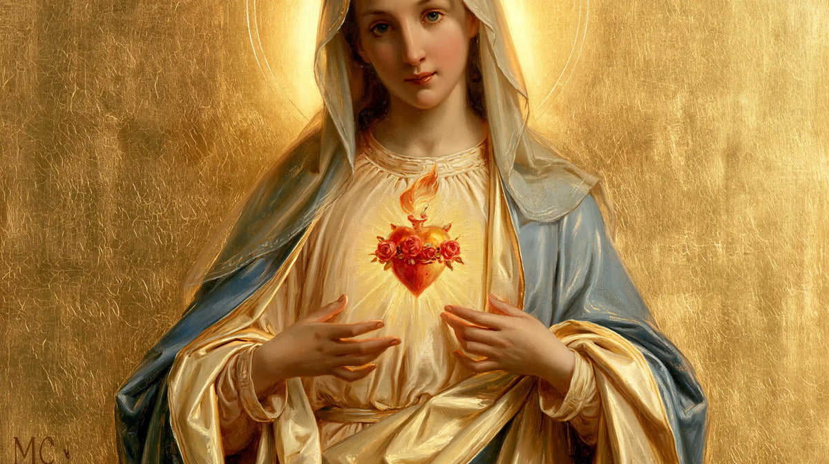 Mary revealing her Immaculate Heart in Sacred Gold style, landscape Christian artwork no. 13