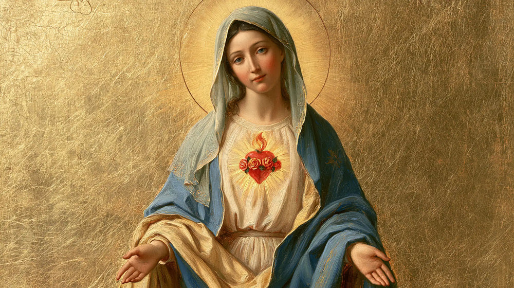 Mary revealing her Immaculate Heart in Sacred Gold style, landscape Christian artwork no. 15
