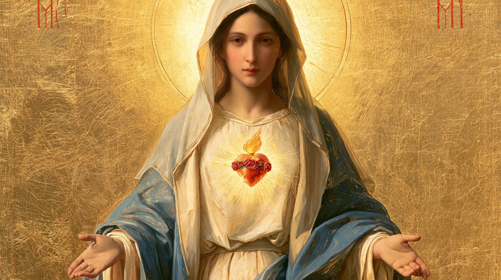 Mary revealing her Immaculate Heart in Sacred Gold style, landscape Christian artwork no. 19
