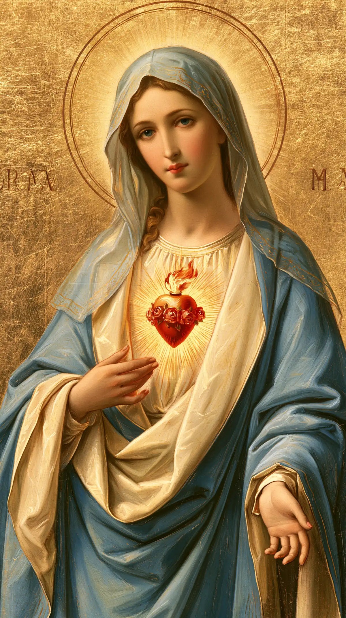 Mary revealing her Immaculate Heart in Sacred Gold style, portrait Christian artwork no. 1