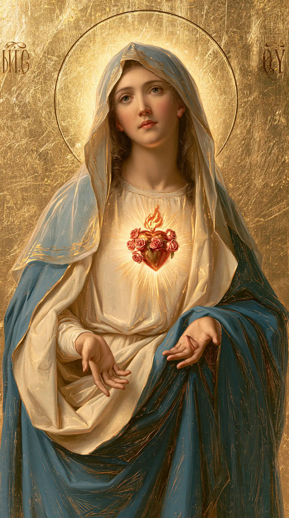 Mary revealing her Immaculate Heart in Sacred Gold style, portrait Christian artwork no. 2