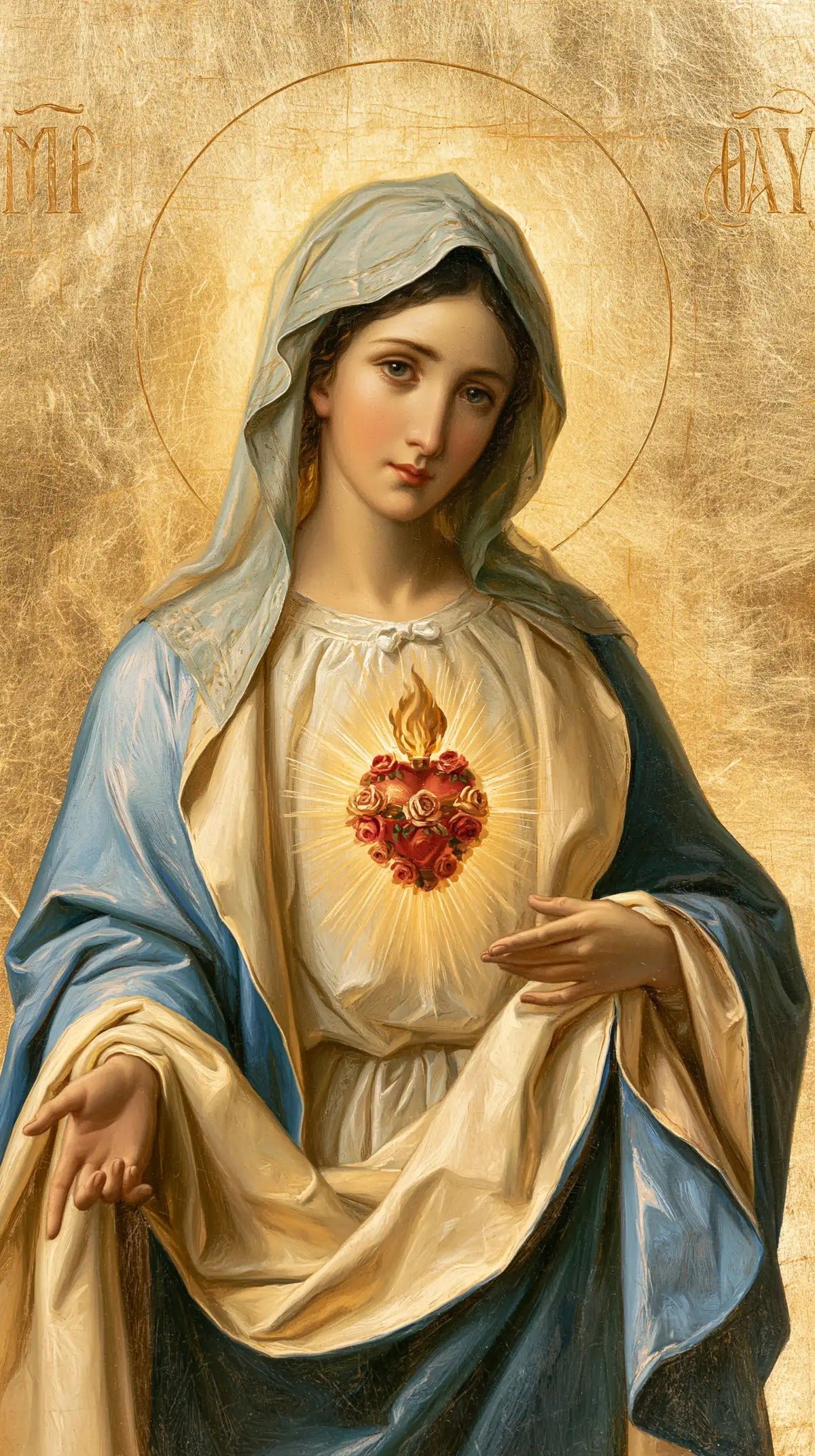 Mary revealing her Immaculate Heart in Sacred Gold style, portrait Christian artwork no. 5