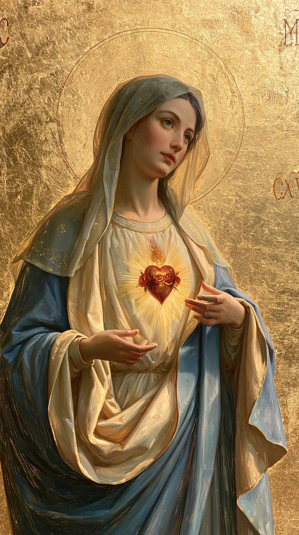 Mary revealing her Immaculate Heart in Sacred Gold style, portrait Christian artwork no. 8
