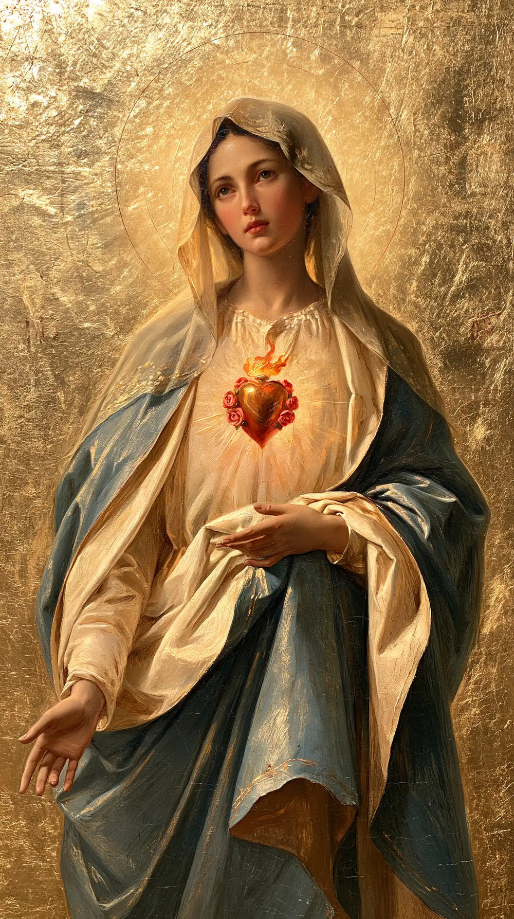 Mary revealing her Immaculate Heart in Sacred Gold style, portrait Christian artwork no. 10