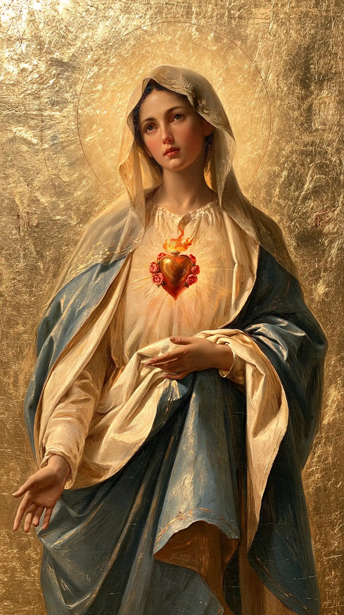 Mary revealing her Immaculate Heart in Sacred Gold style, portrait Christian artwork no. 10