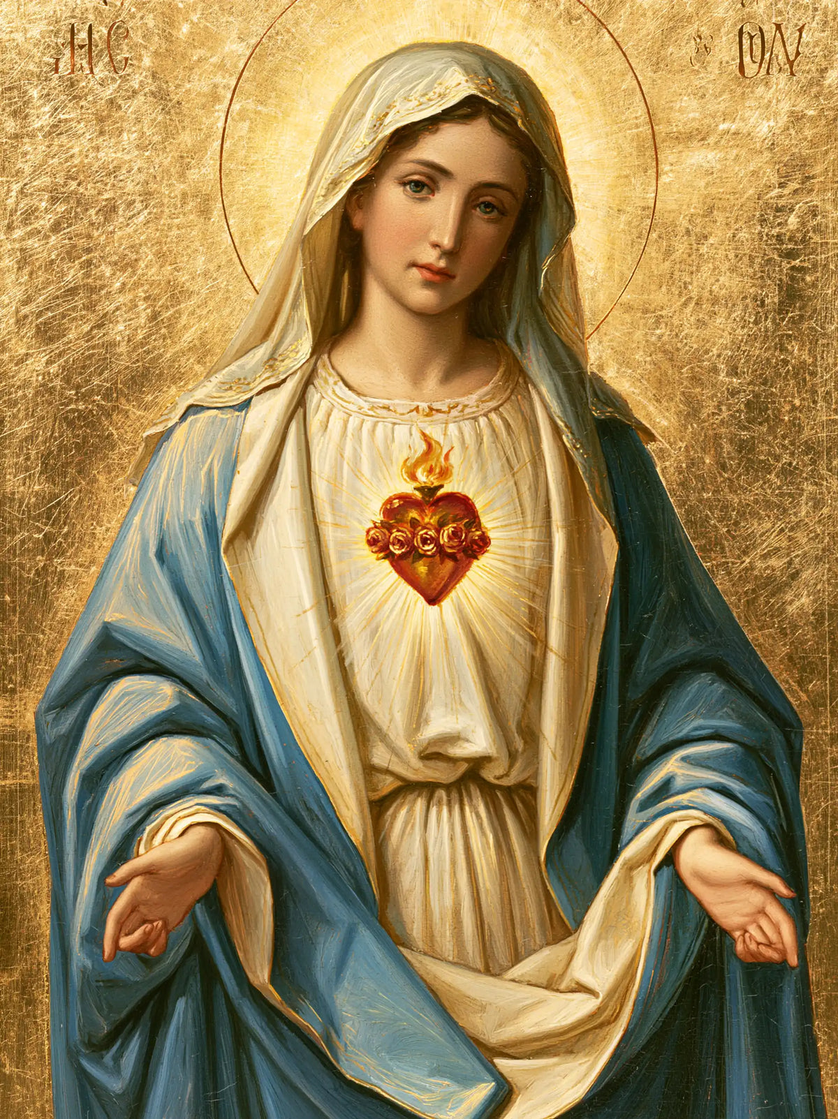 Mary revealing her Immaculate Heart in Sacred Gold style, portrait Christian artwork no. 17
