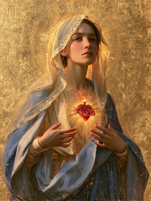 Mary revealing her Immaculate Heart in Sacred Gold style, portrait Christian artwork no. 30