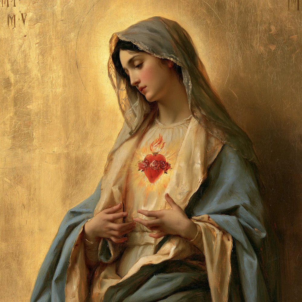 Mary revealing her Immaculate Heart in Sacred Gold style, square Christian artwork no. 4