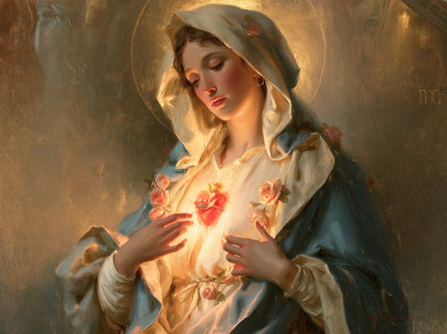 Mary with her Immaculate Heart in sacred maternal tenderness in Sacred Maternal Tenderness style, landscape Christian artwork no. 3