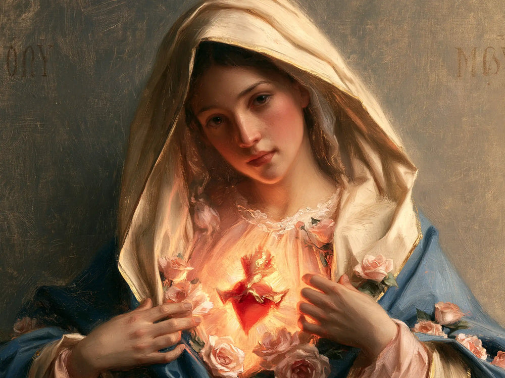Mary with her Immaculate Heart in sacred maternal tenderness in Sacred Maternal Tenderness style, landscape Christian artwork no. 12