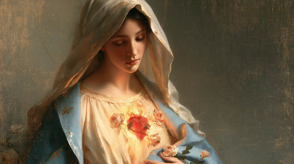 Mary with her Immaculate Heart in sacred maternal tenderness in Sacred Maternal Tenderness style, landscape Christian artwork no. 17