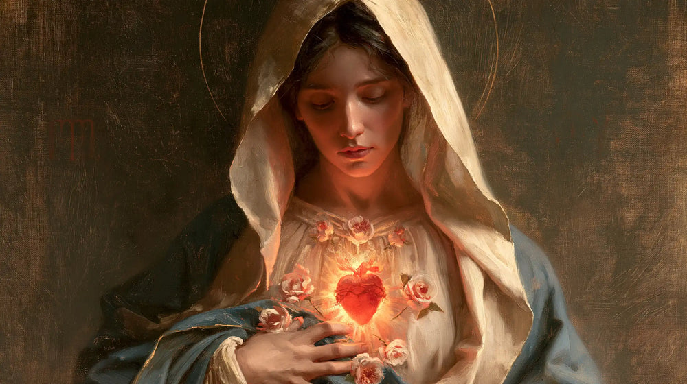 Mary with her Immaculate Heart in sacred maternal tenderness in Sacred Maternal Tenderness style, landscape Christian artwork no. 20