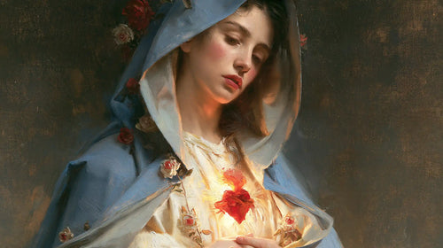 Mary with her Immaculate Heart in sacred maternal tenderness in Sacred Maternal Tenderness style, landscape Christian artwork no. 24