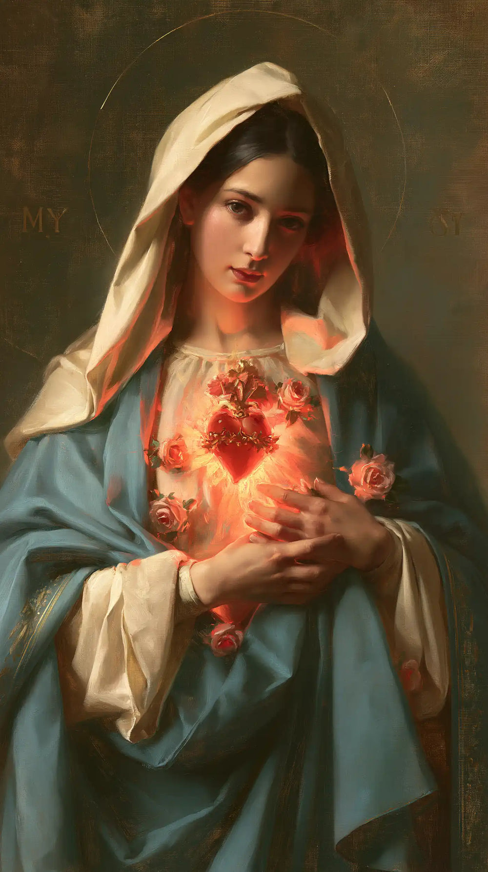 Mary with her Immaculate Heart in sacred maternal tenderness in Sacred Maternal Tenderness style, portrait Christian artwork no. 2