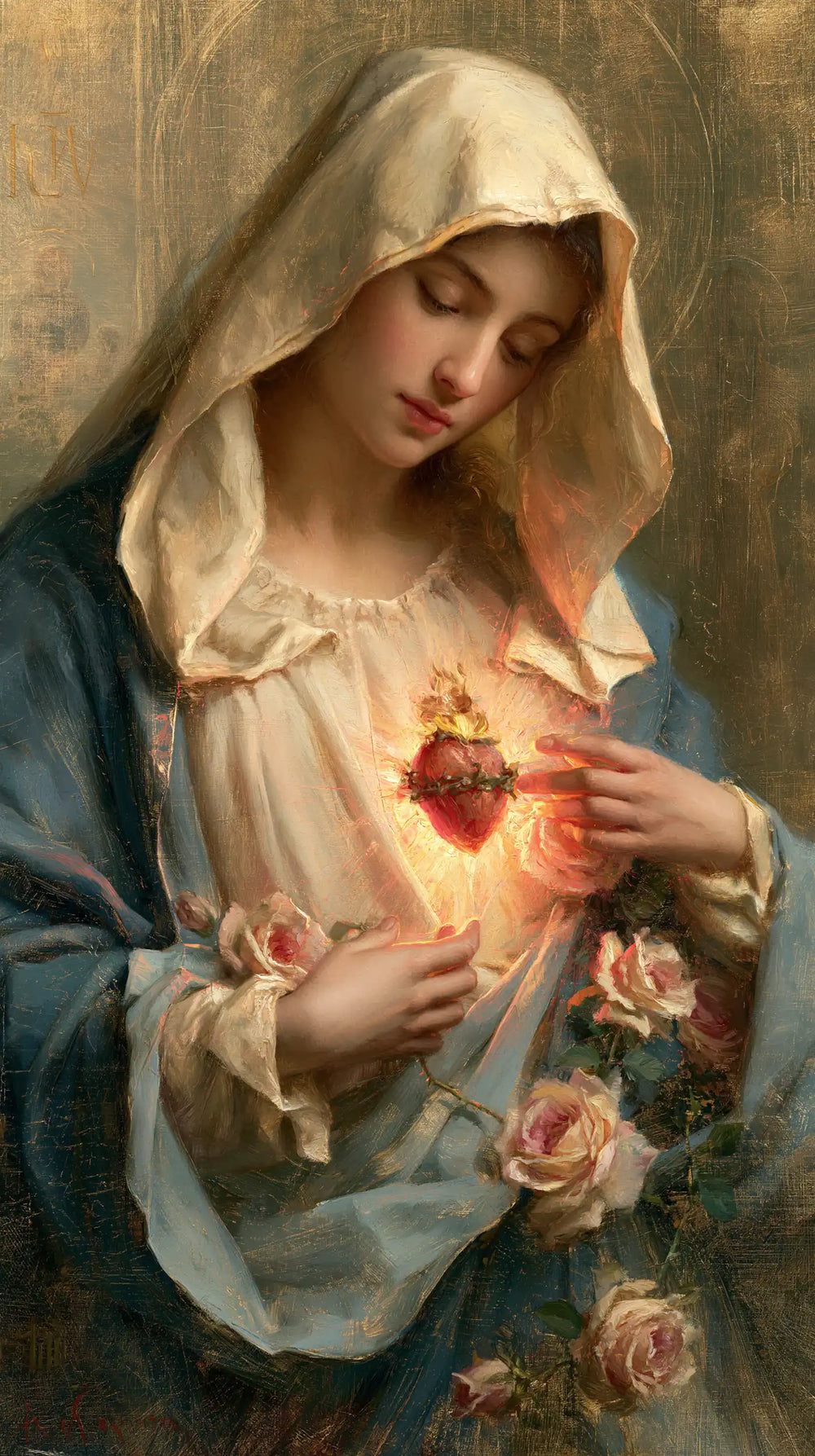Mary with her Immaculate Heart in sacred maternal tenderness in Sacred Maternal Tenderness style, portrait Christian artwork no. 3