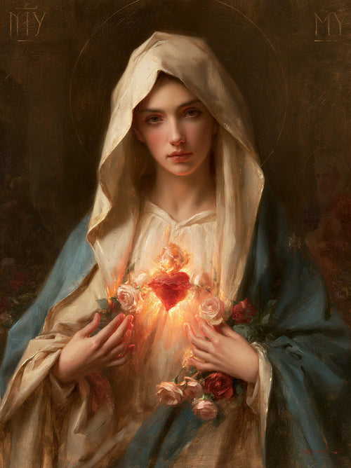 Mary with her Immaculate Heart in sacred maternal tenderness in Sacred Maternal Tenderness style, portrait Christian artwork no. 13