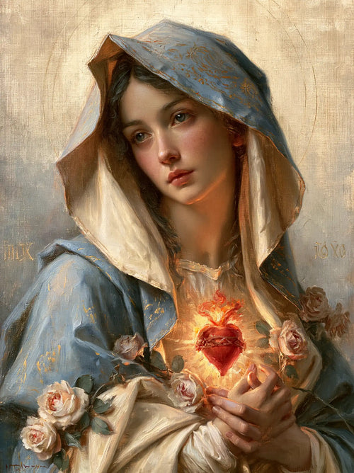 Mary with her Immaculate Heart in sacred maternal tenderness in Sacred Maternal Tenderness style, portrait Christian artwork no. 17
