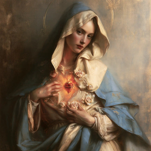 Mary with her Immaculate Heart in sacred maternal tenderness in Sacred Maternal Tenderness style, square Christian artwork no. 2